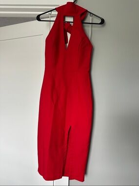 L'ATISTE Red neck tied Midi Dress with Front Slit